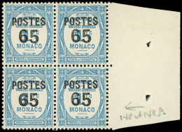 ** MONACO 148a : 65 Sur 1f. Bleu, GROS 6 Dans Un BLOC De 4 Bdf, TB - Unused Stamps