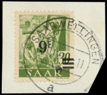 SARRE 224A : 9f. Sur 30pf. Vert-jaune, Papier Jaunâtre, Obl. SAARWELLINGEN 20/12/47 S. Fragt, TB, Signé D. Dub - Oblitérés