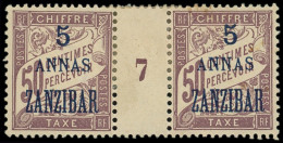 * ZANZIBAR Taxe 5 : 5a. Sur 50c. Lilas, PAIRE Mill.7, Forte Ch., TB - Other & Unclassified