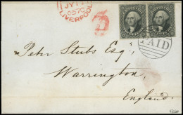 Let ETATS-UNIS 8 : 12c. Noir, PAIRE Obl. Cercle PAID S. LAC De BOSTON 30/6/1857, Càd Rouge LIVERPOOL JY 17, Arr. WARRING - Otros & Sin Clasificación