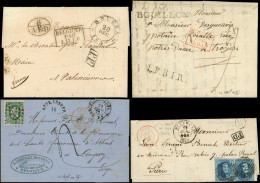 Let 4 Lettres Belgique-France Dont 2 Affr., Période 1823/72. Inclus Le RR Càd Rouge BELGIQUE CONDE 12/7/58, Tous Frappes - Sammlungen (im Alben)