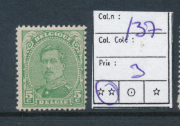 BELGIUM BELGIQUE COB 137   MNH - 1915-1920 Albert I.