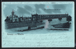 Mondschein-Lithographie Kehl, Neue Rheinbrücke, Frachter, Gebäude  - Kehl