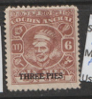 India  Cochin  1943  SG  96a  3p  Surcharge  Perf 11 Mounted Mint - Cochin