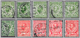 KGV Group Of 10 Downey Heads 1/2d Green & 1d Scarlet Good Used Hrd2a - Oblitérés