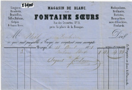 TROYES- FACTURE DU 11 AOUT 1871- MAGASIN DE BLANC- FONTAINE SOEURS- 16 RUE DES CROISETTES - 1800 – 1899