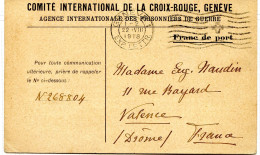 Carte Du Comité International De La Croix Rouge - Cachet De Genève 22 VIII 1918 Pour Valence - Cruz Roja