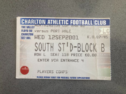 Charlton Athletic V Port Vale 2001-02 Match Ticket - Tickets D'entrée