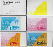 Maroc 1978 Y&T 806, 6 Essais De Couleurs Offset. Promotion Du Sahara. Pêche & Filet, Méhari & Dromadaires, Phare Palmier - Phares