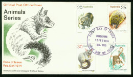 Fd Australia FDC 1974 MiNr 542-545 | Animals. Wombat Short-nosed Echidna Possum Pygmy Glider (Dandenong) #fdc-3002 - FDC