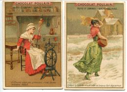 CHROMO IMAGE LOT De 2 * CHOCOLAT POULAIN La Cigale Et La Fourmi ( Femme Filant Rouet Et Femme Rue Neige ) - Poulain