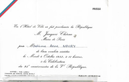 CARTON INVITATION  MINISTRE CHIRAC MAIRE PARIS 25EME ANNIVERSAIRE VEME REPIBLIQUE 1983 - Sonstige & Ohne Zuordnung