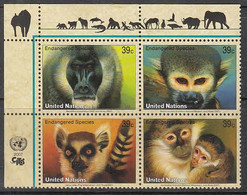 2007 United Nations New York Endangered Species Monkeys Complete Block Of 4 MNH @ BELOW FACE VALUE - Unused Stamps