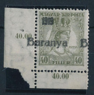 ** Baranya I. 1919 Zita ívsarki 40f Eltolódott Fekete Felülnyomással, Bodor Vizsgálójellel - Altri & Non Classificati