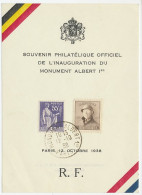 Sheetlet / Postmark France 1938 King Albert I - Statue Paris - Beeldhouwkunst