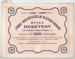 Budapest 1923. " 'Taurus' Huskereskedelmi Részvénytársaság" 50 Részvénye összesen 50.000K-ról, Szelvényekkel és Szárazpe - Zonder Classificatie