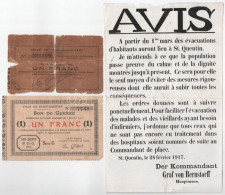 Franciaország / Saint-Quentin 1914-1916. 1Fr "Bon De Guerre" (2xklf) Háborús Szükségpénzek + Egy Francia Nyelvű Röplap S - Ohne Zuordnung