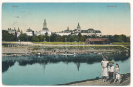 T2/T3 1916 Arad, Marospart, Templomok. Montázs Gyerekekkel / Mures Riverside, Churches. Montage With Children (EK) - Ohne Zuordnung