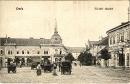 T2/T3 1906 Dés, Dej; Fő Tér, Lovas Hintók, Polonyi és Kanyó, Rehák Ágoston, Bakó Mihály és Fesztinger Sámuel üzlete / Ma - Non Classés