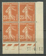 FRANCE 1938 N° 235 ** Neuf MNH Bloc De 4 Coin Daté Superbe Type Semeuse Fond Plein - ....-1929