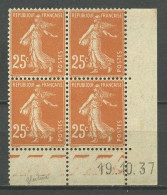 FRANCE 1937 N° 235 ** Neuf MNH Bloc De 4 Coin Daté Superbe Type Semeuse Fond Plein - ....-1929