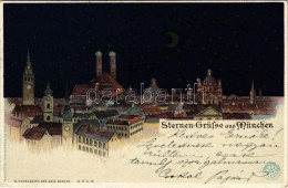 T2/T3 1900 München, Munich; Sternen-Grüsse Aus München / Starry Night. Kuntstverlag Aug. Fleischmann Art Nouveau, Litho  - Ohne Zuordnung