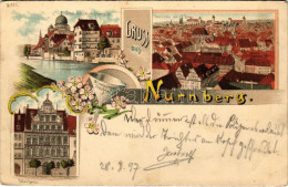 * T2/T3 1897 (Vorläufer!) Nürnberg, Nuremberg; Insel Schütt Mit Synagoge, Panorama Mit Burg, Pellerhaus, Nürnberger Tric - Ohne Zuordnung