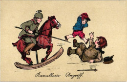 ** T1/T2 Wohlfahrts-Postkarte 'Kinderhort', Kavallerie Angriff / German Children Military, Litho - Unclassified