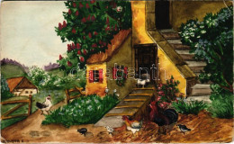 T3/T4 1914 A Baromfiudvarban. Kézzel Rajzolt Egyedi Képeslap / In The Poultry-yard, Hand-drawn Custom-made Art Postcard  - Non Classés