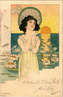 T3/T4 Art Nouveau Lady, Sunset, Floral. Litho (ázott / Wet Damage) - Ohne Zuordnung