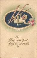 * T2/T3 New Year, Skiing Child, Floral, Erika Nr. 4742. 4. Dessin Emb. Litho - Non Classés