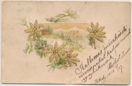 T3/T4 1902 Hímzett Havasi Gyopáros üdvözlő Képeslap. Schmidt Testvérek Kiadása / Embroidered Edelweiss Flower Greeting P - Sin Clasificación