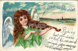 T2/T3 1904 Húsvéti üdvözlet: Hegedülő Angyalka / Easter Greeting, Angel Playing On The Violin. Litho (EK) - Non Classificati