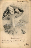 T3 1902 Boldog új évet! Törpe Malaccal Gombával és Békával / New Year, Dwarf With Pig, Mushroom And Frog (EK) - Unclassified