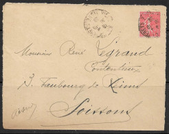 Yvert 199 50 C Rouge Type IIA - Seul Sur Lettre - 1903-60 Säerin, Untergrund Schraffiert