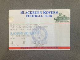 Blackburn Rovers V Aston Villa 1993-94 Match Ticket - Tickets D'entrée