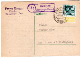 1949, Landpost Stempel 14b Kirchen über Ehingen Auf Karte M. 10 Pf.  - Wurtemberg