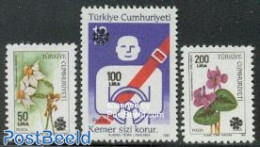 Türkiye 1990 Overprints 3v, Mint NH, Nature - Transport - Flowers & Plants - Traffic Safety - Other & Unclassified