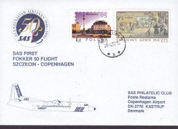 Poland SAS First Fokker 50 Flight SZCZECIN-COPENHAGEN 1997 Cover Brief Lettre Warszawa & Swiatowy Dzien Poczty Stamps - Vliegtuigen