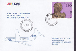 Italy SAS First Nonstop DC-9 Flight MILAN-STOCKHOLM 1988 Cover Brief Lettera I Bronzi Di Pergola Stamp - Correo Aéreo