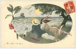 ILLUSTRATEUR.n°16425.SAGER.AU CLAIR DE LUNE.COUPLE ELEGANT COUCHE DANS L'HERBE - Sager, Xavier