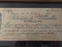 Cheque Banque De Bruxelles Brussel 1938 'Succursale De Gand'  Robert De Nobele 741,20 Frank Franc IN KADER - Wechsel