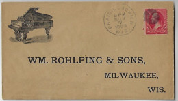 USA 1899 Rohlfing & Sons Cover Prairie Do Chien To Milwaukee Stamp 2 Cent President George Washington Fancy Cancel Piano - Storia Postale