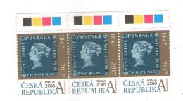 Czech Republic 2018 - Blue Mauritius, Praga 2018, 3 Same Stamps With Color Test In Edge, MNH - Sellos Sobre Sellos