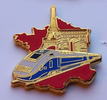 N266 Pin's SNCF TGV Carte De France Tour Eiffel Arc De Triomphe (gros Pin's) Signé Ballard Achat Immédiat - TGV