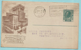Entier Postal Illustré CANADIAN PACIFIC RAILWAY CIE - VANCOUVER HOTEL - Montreal 28/05/1919 - 1903-1954 Könige