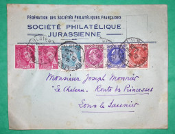 N°406 X2 + 505 + 506 + 507 + 538 MIXTE MERCURE PETAIN PROST LETTRE SOCIETE PHILATELIQUE JURASSIENNE LONS LE SAUNIER 1942 - 1941-42 Pétain