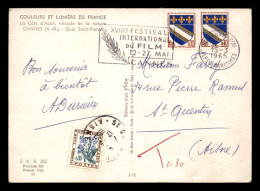 CARTE ENVOYEE DE CANNES LE 15.03.1965 A ST QUENTIN, TAXEE AVEC 1 TIMBRE A 0.30 C - 1960-.... Covers & Documents