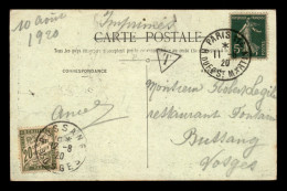 CARTE DE PARIS ENVOYEE A BUSSANG (VOSGES), TAXEE AVEC UN TIMBRE A 20 CENTIMES LE 12.08.1920 - 1960-.... Cartas & Documentos