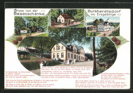 AK Burkhardtsdorf Im Erzgebirge, Gasthaus Besenschänke, Gebäudeansicht Mit Pferdewagen, Ortspartie  - Burkhardtsdorf